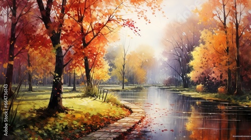 Autumn park spectacular lighting watercolor painting