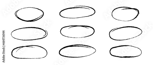 Rough highlight circles set. Doodle and scribble ellipses collection. Grunge hand drawn ovals or bubbles for emphasis. Sketchy marker round elements for collage, poster, banner, cover. Vector pack