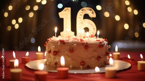 A 16th birthday cake, adorned with a sparkling number 16 candle and a glamorous Hollywood-style decoration. photo