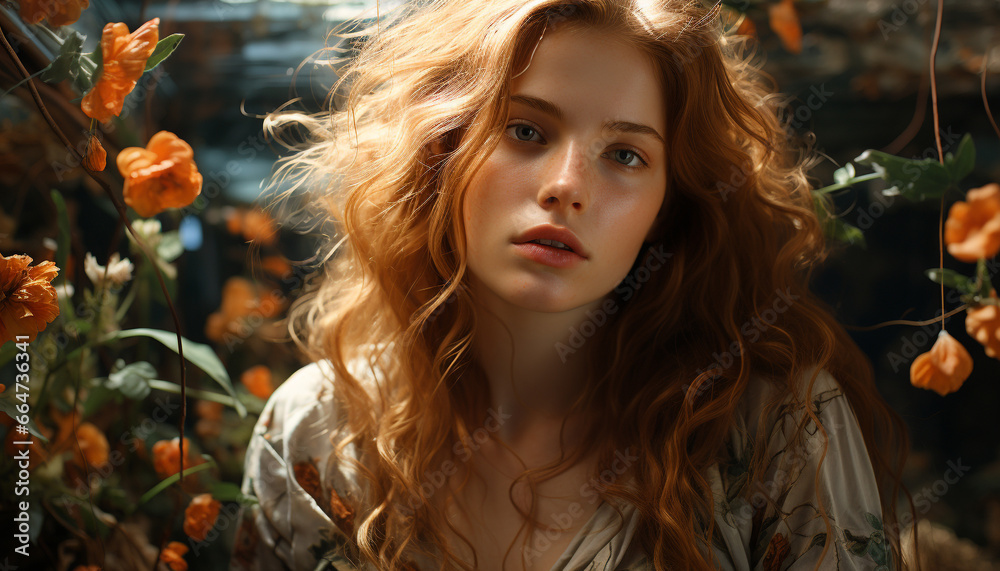 A beautiful young woman, with long brown hair, smiling at camera generated by AI A beautiful young woman, with long brown hair, smiling at camera generated by AI