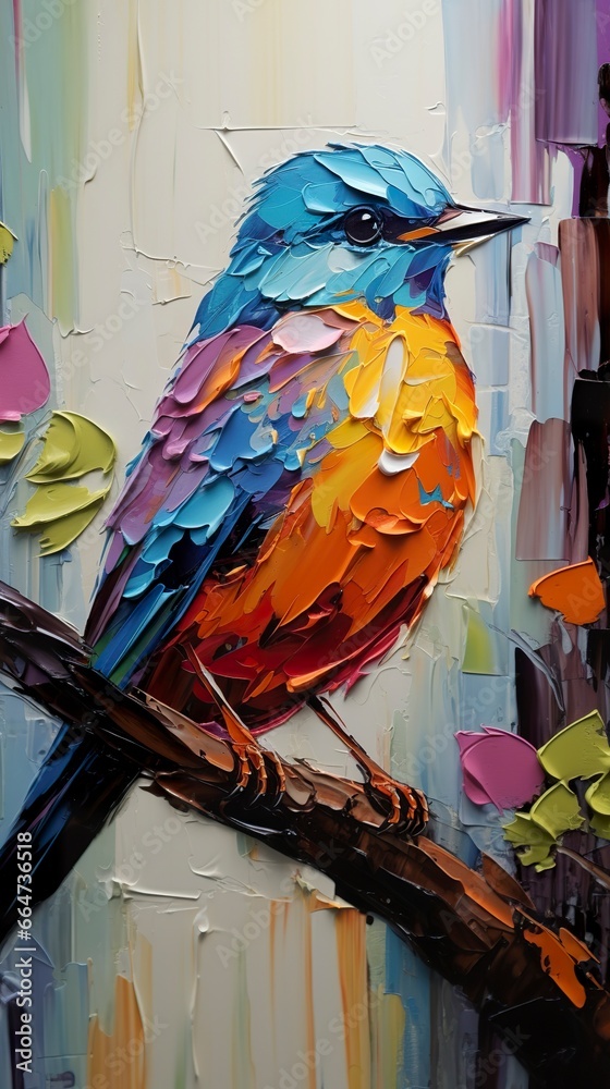 Cute Colorful Thick Impasto bird painting.