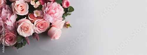 Fresh bunch of pink peonies and roses with copy space. © Sajeda