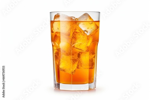 A glass of orange soda water with ice cubes on white background. © Sajeda