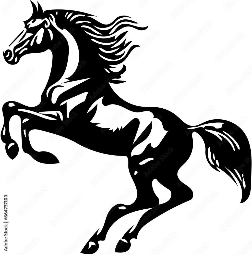 Black and white illustration of a jumping stallion, vector drawing of a stallion