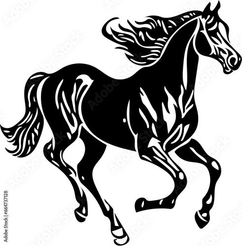 Black and white illustration of a jumping stallion, vector drawing of a stallion