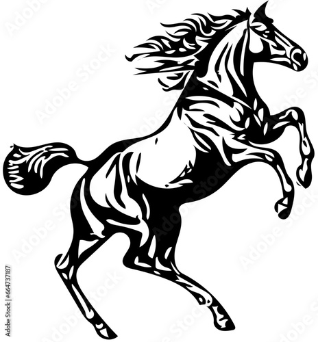 Black and white illustration of a jumping stallion  vector drawing of a stallion