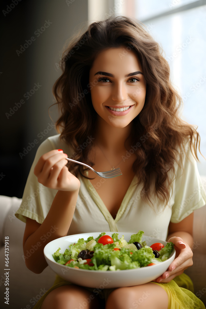 Young woman smiling and holding bowl with fresh vegetable.