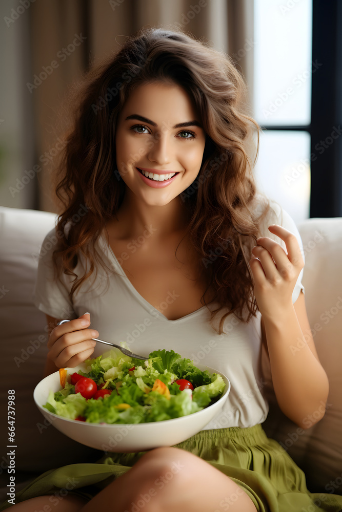 Young woman smiling and holding bowl with fresh vegetable.