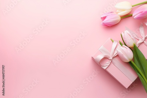Pink gift box with ribbon bow and bouquet of tulips on isolated pastel pink background. photo