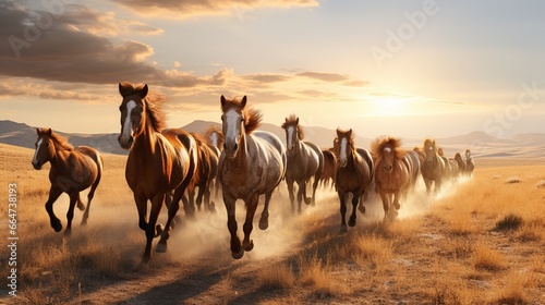 A herd of wild horses galloping freely through a sunlit  wide-open prairie.