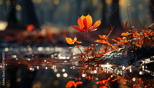 Autumn leaf reflects vibrant colors in tranquil forest pond generated by AI