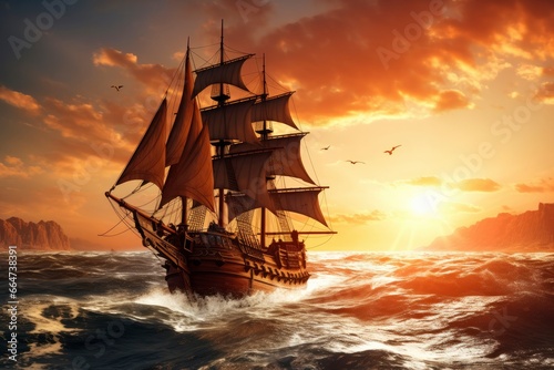 Pirate ship sailing on the ocean at sunset. Vintage cruise. © Sajeda