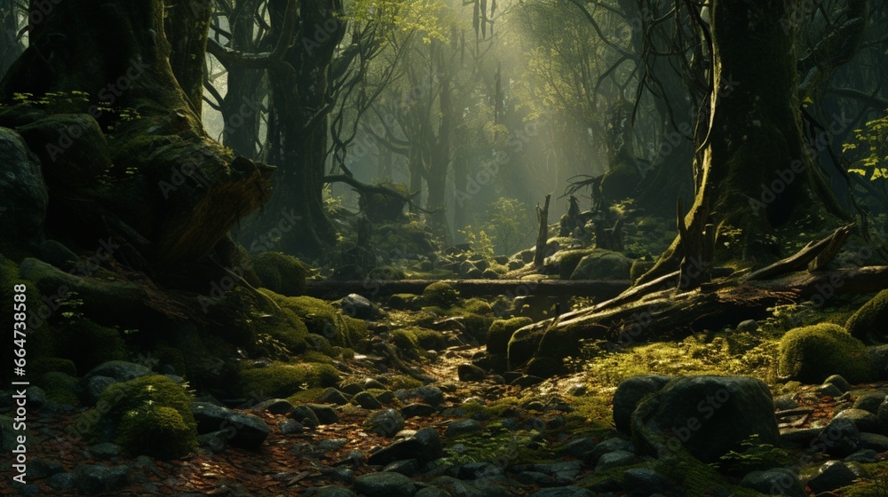 A lush, mossy forest floor covered in fallen leaves and surrounded by towering, ancient trees.