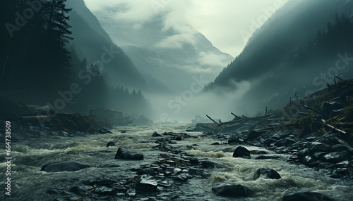 Mysterious mountain peak, foggy forest, icy cliff, tranquil winter landscape generated by AI