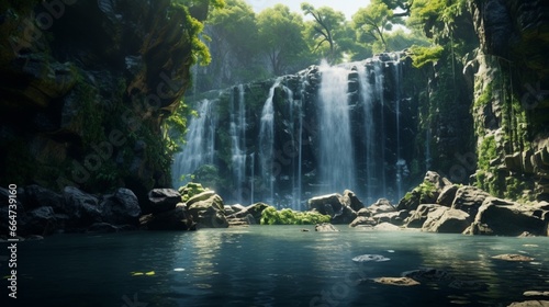 A majestic waterfall cascading down a rocky cliff into a crystal-clear pool surrounded by lush vegetation.