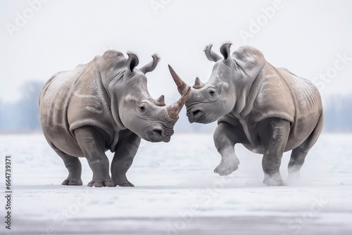 Two Rhinoceros getting ready for fight on Ice. © Sajeda