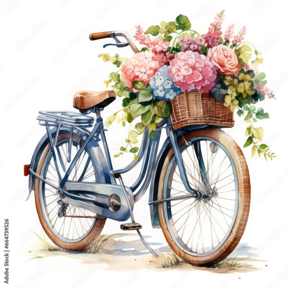 Watercolor bicycle with flowers in the basket isolated on white background.