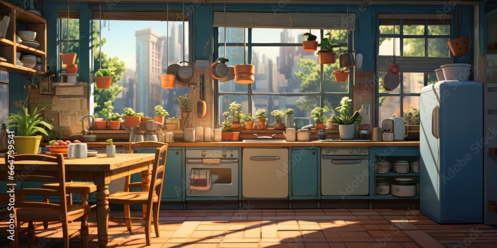 digital painting of sunlight on a kitchen window, generative AI digital painting of sunlight on a kitchen window, generative AI