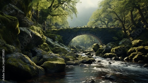 A moss-covered  ancient stone bridge spanning a fast-flowing mountain river in a remote wilderness.