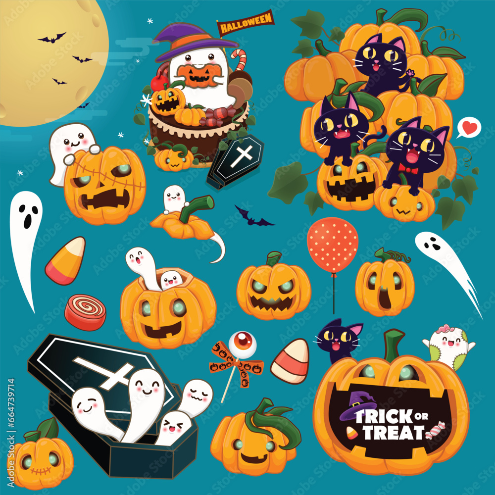 Fototapeta premium Vintage Halloween poster design with vector ghost, cat, pumpkin character set. 