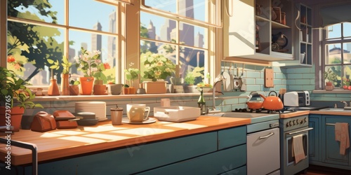 digital painting of sunlight on a kitchen window, generative AI