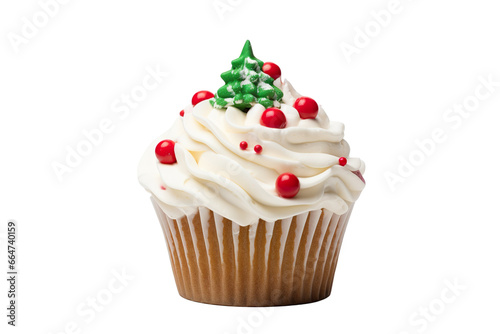 One cupcake with Christmas icing. white background PNG