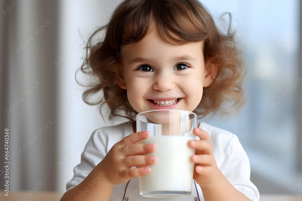 Cute little Asian girl holding a glass of milk in her hands Cute little Asian girl holding a glass of milk in her hands