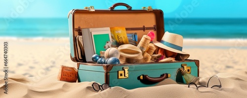 Beach Preparation, Accessories In Suitcase On Sand.