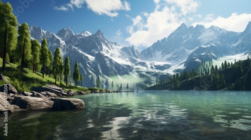 A pristine alpine lake surrounded by jagged peaks and evergreen forests.