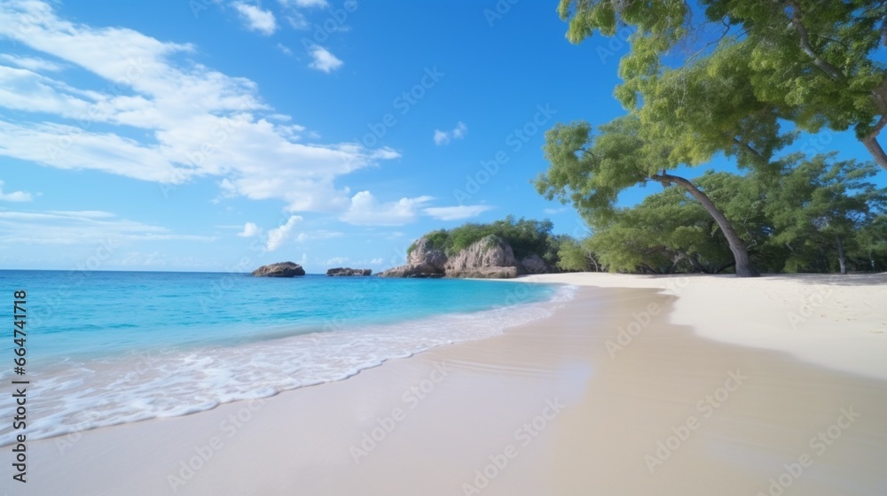 A pristine, untouched beach with powdery white sand and crystal-clear turquoise waters.