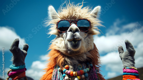 funny hippie llama with colorful accessoires and sunglasses