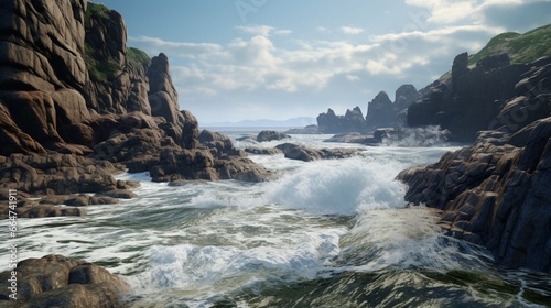 A rugged, rocky coastline with waves crashing against the cliffs.