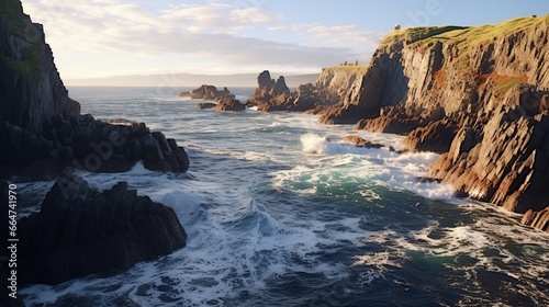A rugged, rocky coastline with waves crashing against the cliffs.