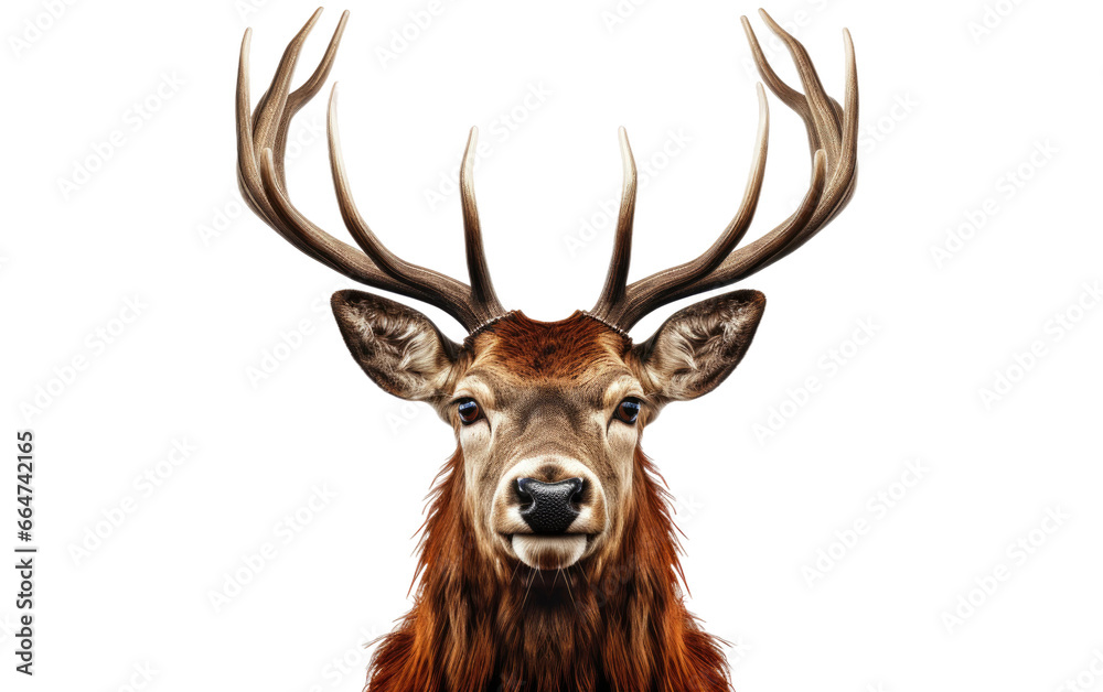 Fototapeta premium Deer Stag Portrait Front Side Look Pose on White or PNG Transparent Background.