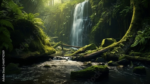 A serene  hidden waterfall deep within a mossy  enchanted forest  with ferns and wildflowers.