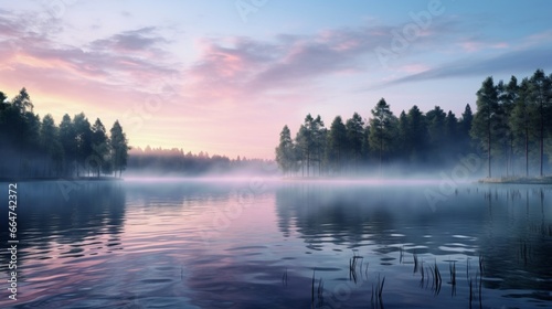 A serene lake at dawn  reflecting the pastel hues of the sky  with mist rising from the water s surface.