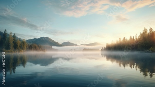 A serene, tranquil lake at dawn, with mist rising from the water's surface and a mirrored reflection of the sky. © Anmol