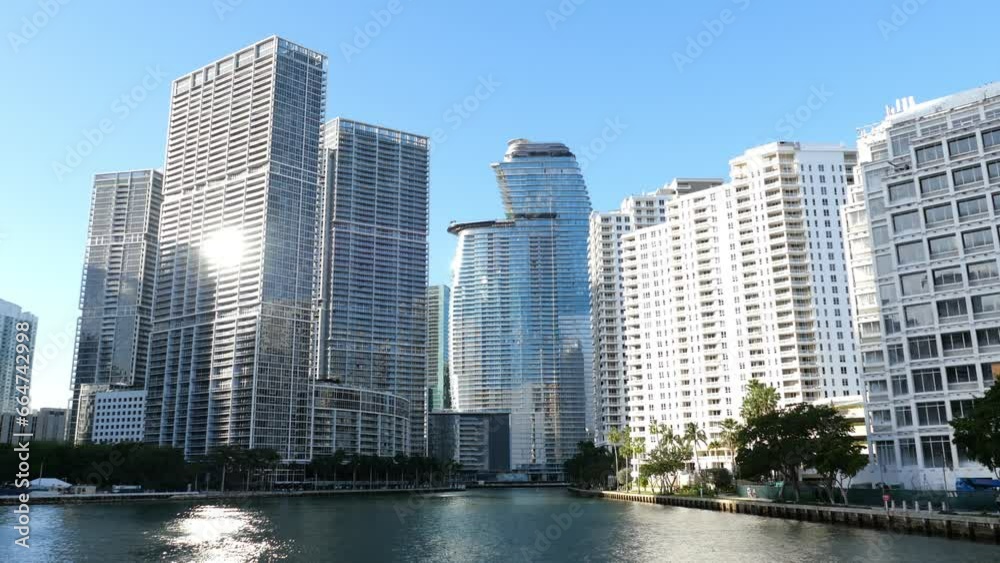downtown Miami view, glass windows buildings, river downtown Miami view, glass windows buildings, river