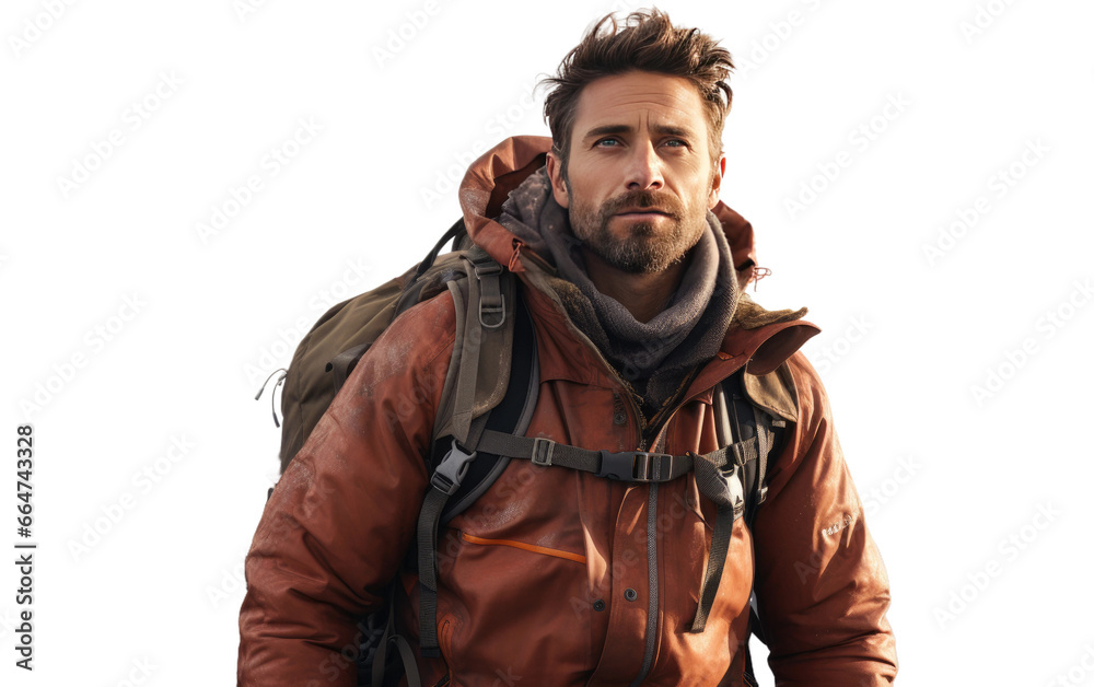 Obraz premium Enhanced Adventurous Hiker Scene With Bag Pack on White or PNG Transparent Background.