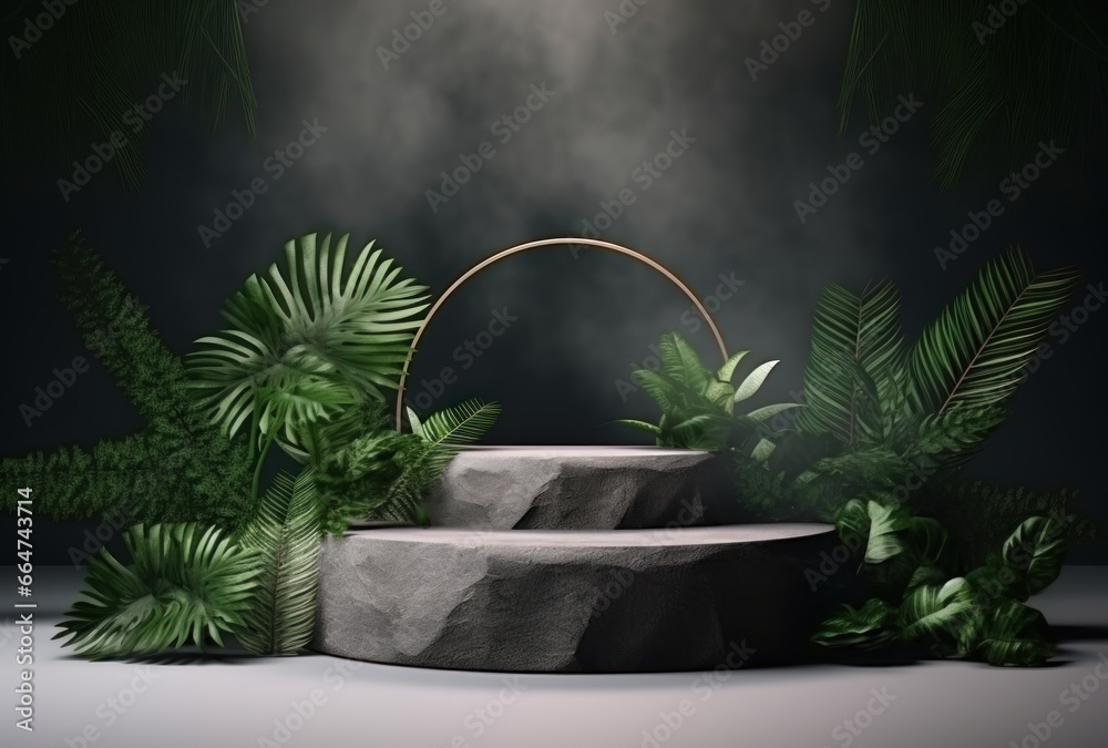 3D podium, stone display set. Jungle, palm leaf 3D podium, stone display set. Jungle, palm leaf