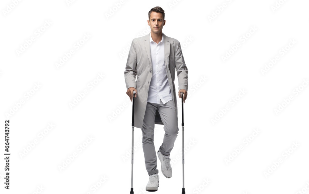 Young Man with Crutches Realistic Portrait on White or PNG Transparent Background. Young Man with Crutches Realistic Portrait on White or PNG Transparent Background.