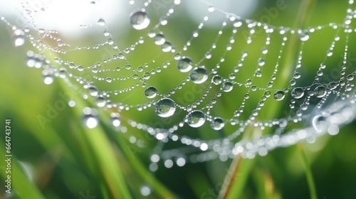 A close-up of a delicate spider's web adorned with dewdrops, suspended between blades of grass.