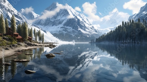 A tranquil lakeside scene with a mirrored reflection of snow-capped peaks.