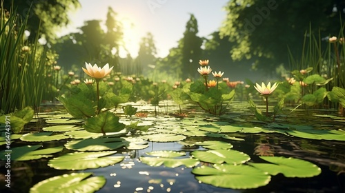 A tranquil pond with lily pads and a family of frogs basking in the sun. photo