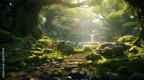 A tranquil  sunlit glade in the heart of an ancient  enchanted forest with vibrant moss and mushrooms.