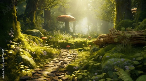 A tranquil  sunlit glade in the heart of an ancient  enchanted forest with vibrant moss and mushrooms.