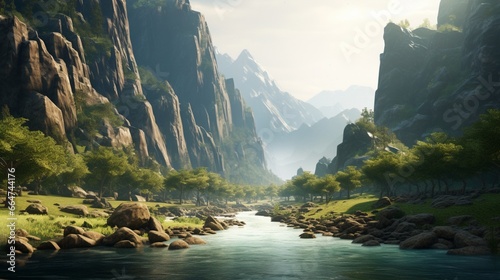 A tranquil, sunlit river winding through a remote, untouched wilderness, framed by towering cliffs.