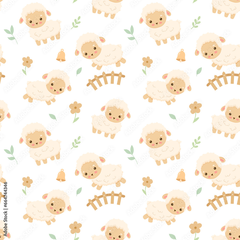 Seamless pattern with cute cartoon sheep jumping over fence. Funny Farm animal for textiles or fabric for newborns. Seamless pattern with cute cartoon sheep jumping over fence. Funny Farm animal for textiles or fabric for newborns.