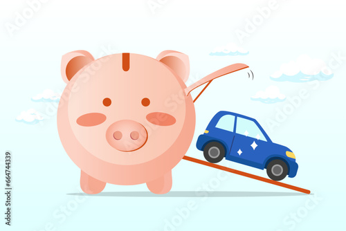 Wealthy piggy bank open container loading deliver new car to new owner, saving money for new car, automobile expense and cost or car loan (Vector)