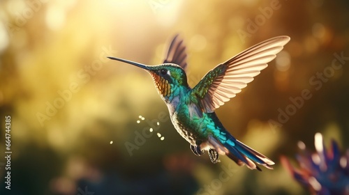 A close-up of a hummingbird in mid-flight, its iridescent feathers catching the sunlight. © Anmol